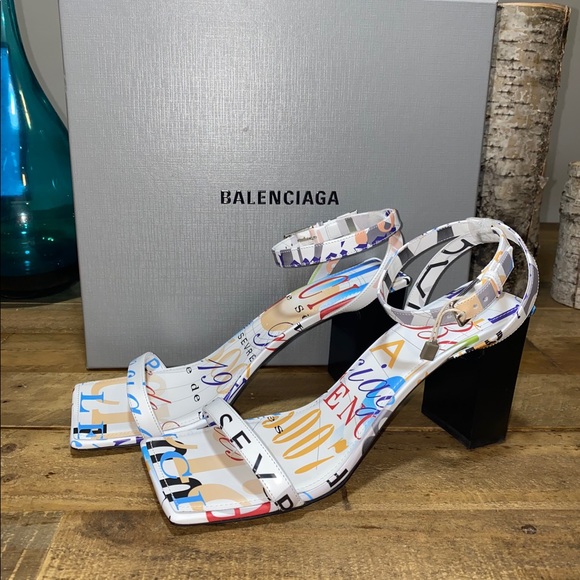 Balenciaga Block Heel Printed Ankle Wrap Sandals - Picture 7 of 13